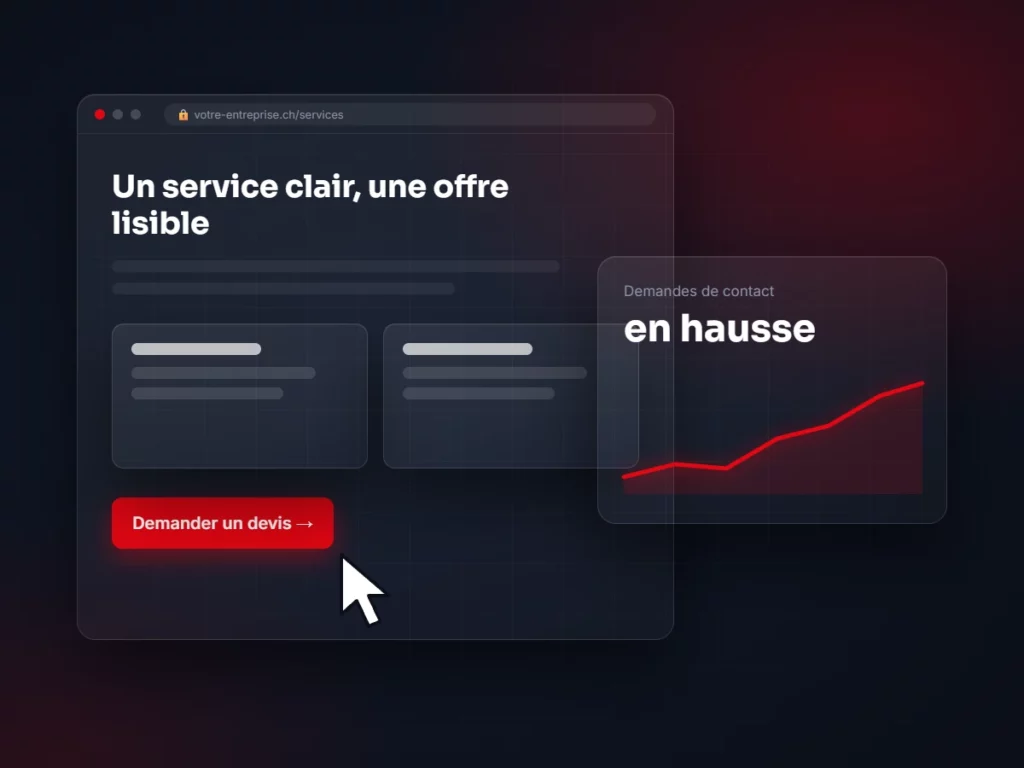 Page de site moderne avec bouton de demande de devis et courbe des contacts en hausse